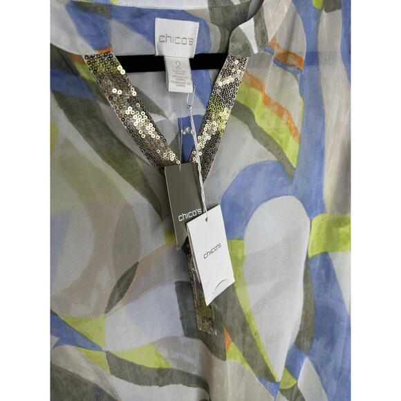 NEW Chico's Blouse Womens Large Multicolor Abstract Sheer Sequin Trim Tie Front - Picture 5 of 7